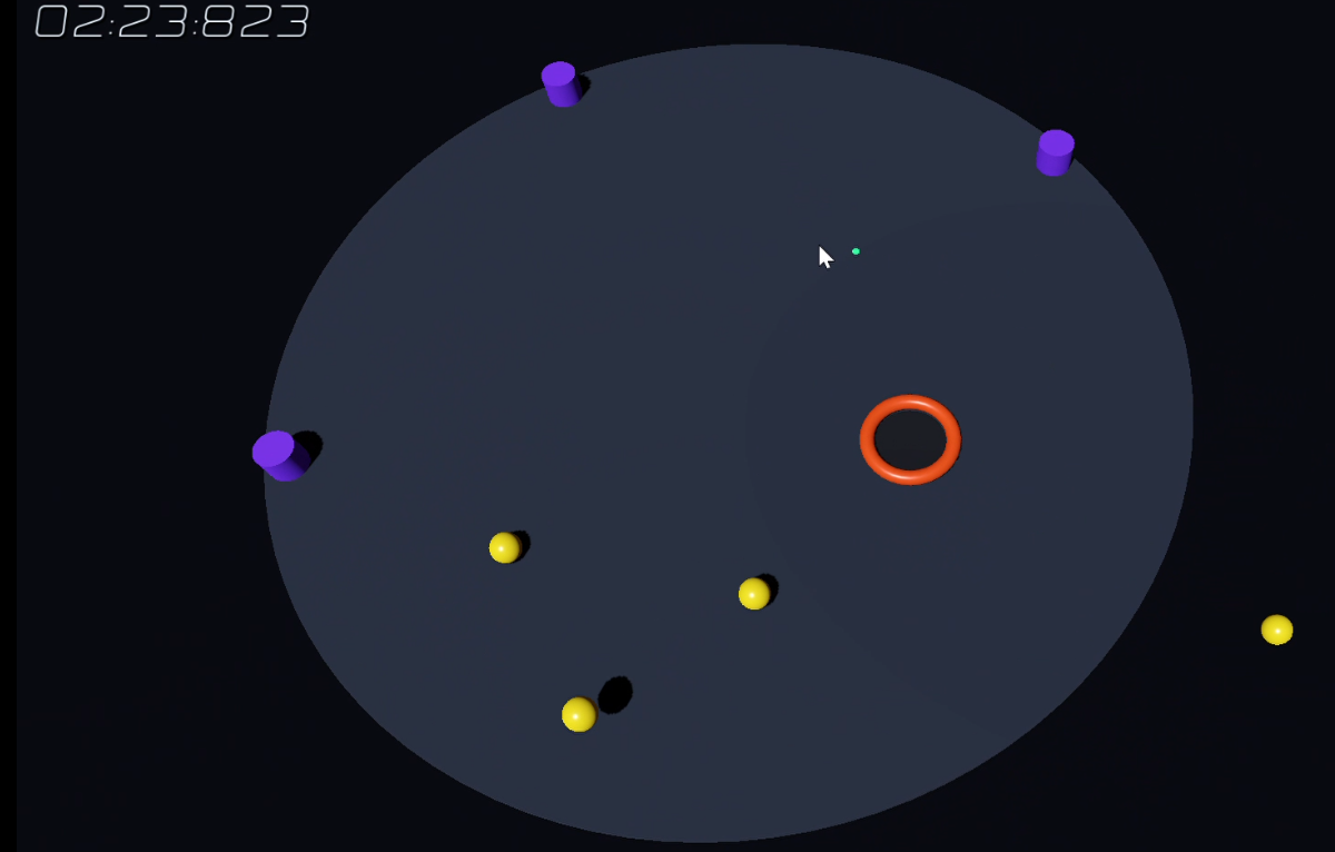 A yellow ball flies toward a red hoop in a dark arena